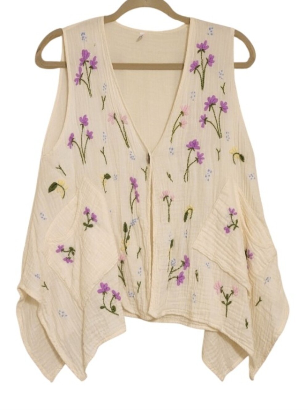 Embroidered Floral Cream Sleeveless Vest